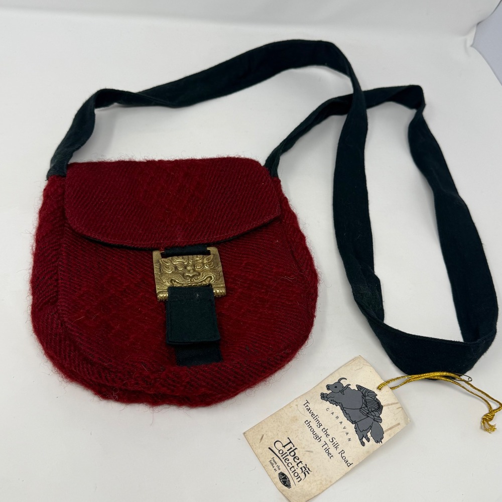 Tibet Collection Burgundy Wool Crossbody Bag Brass Dragon Buckle NWT Handmade